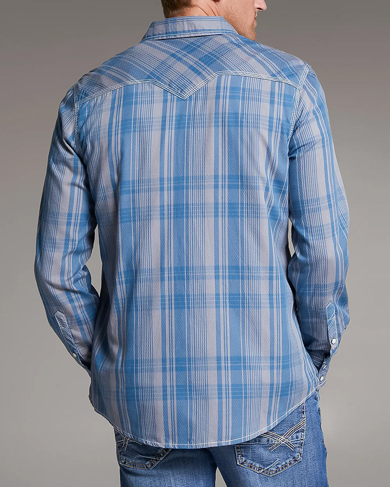 Taupe Blue Contrast Trim Plaid Snap Shirt