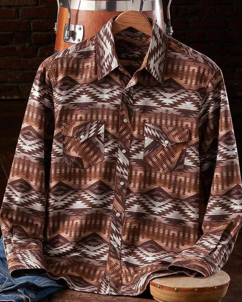 Retro Western Geo Print Button Shirt