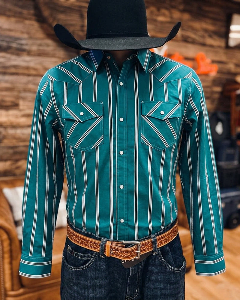 Men's Vertical Striped Long Sleeve Pocket Western Shirt