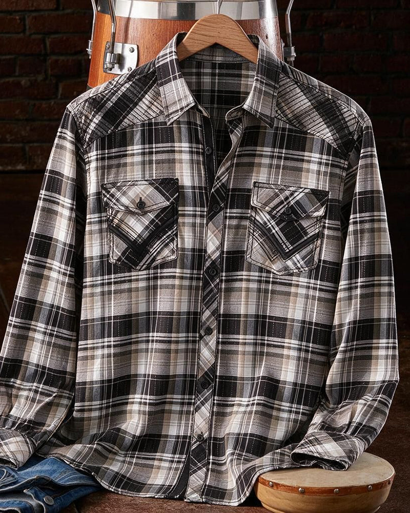 Black Tan Athletic Stretch Plaid Shirt