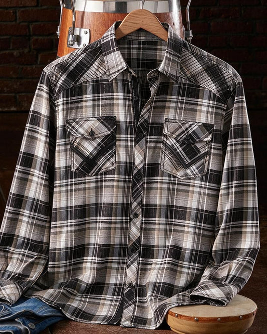 Black Tan Athletic Stretch Plaid Shirt