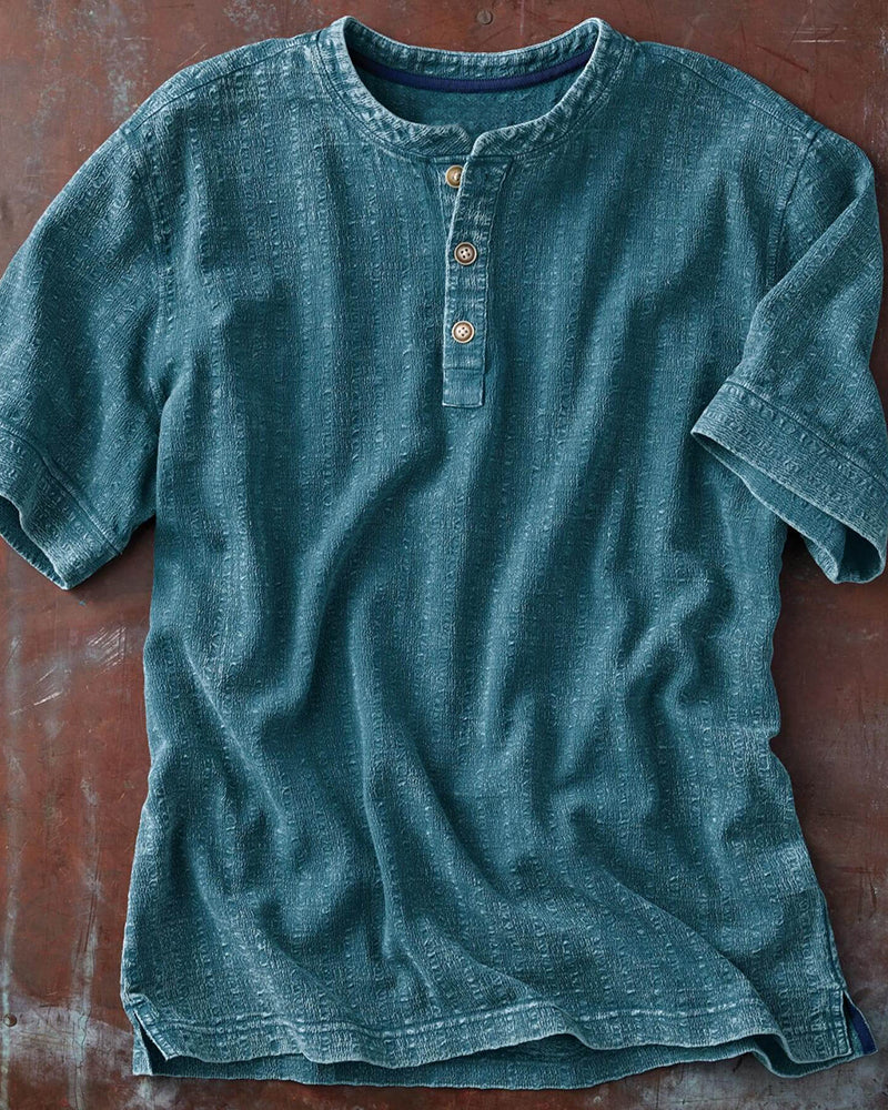 Teal Blue Woven Henley Button Shirt