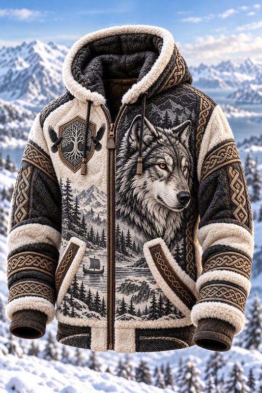 Viking Yggdrasil Wolf Sherpa Zip Hooded Jacket