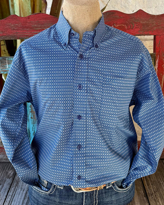 Men's Blue Print Long Sleeve Button-Down Shirt