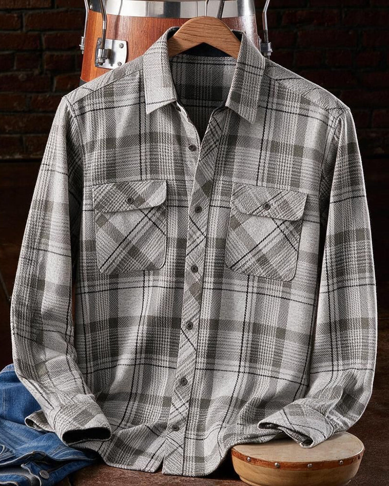 Neutral Tone Contrast Cuff Plaid Shirt