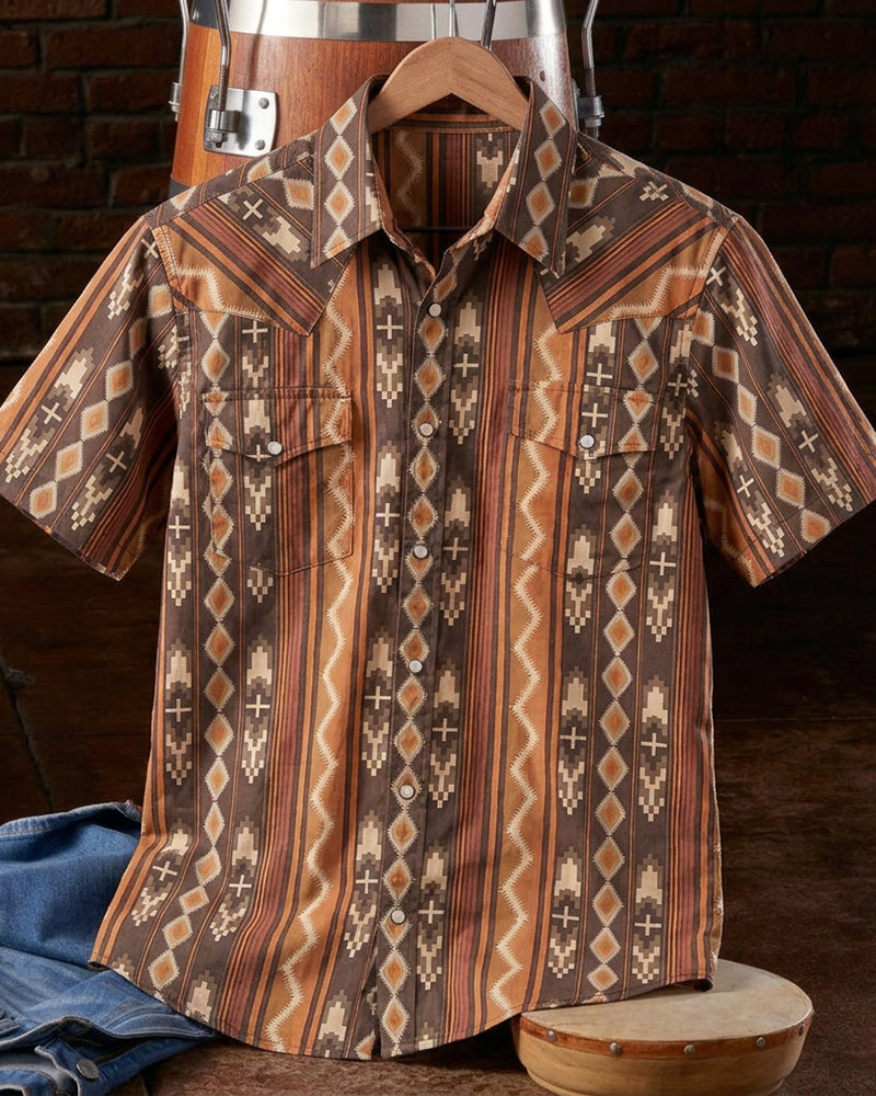 Southwestern Geometric Printed Western Short Sleeve Shirt