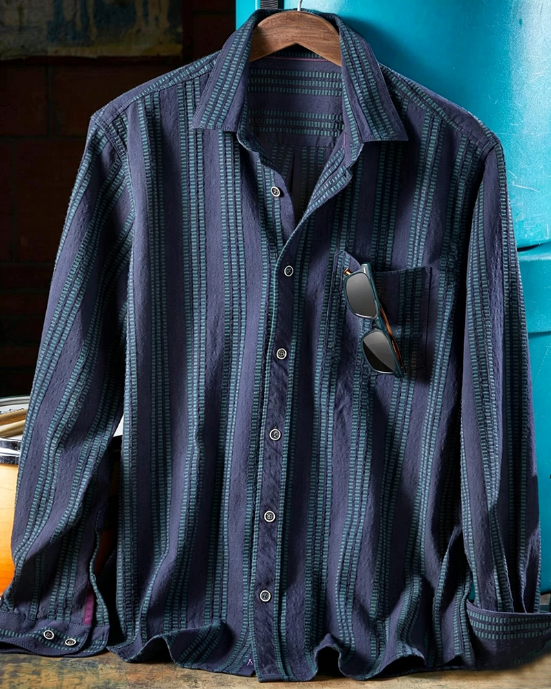 Navy Pockets Vertical Stripe Dobby Shirt