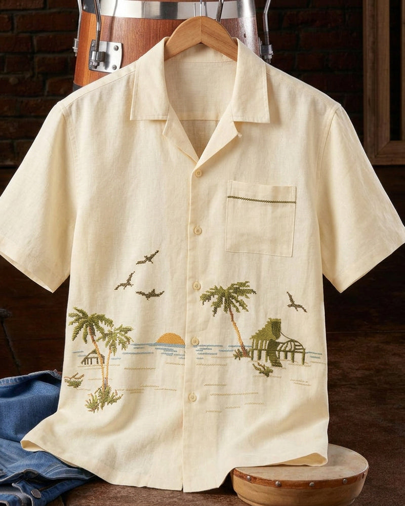 Camp Collar Tropical Beach Print Short Sleeve Shirt