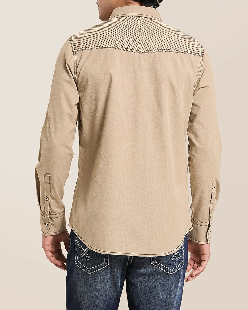 Tan Textured Western Casual Long Sleeve Shirt