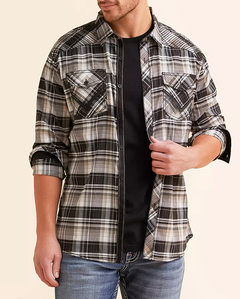 Black Tan Athletic Stretch Plaid Shirt