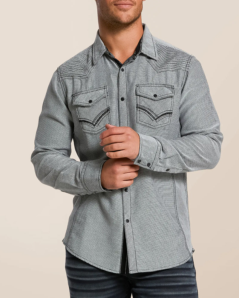 Contrast Stitch Textured Western Snap Shirt