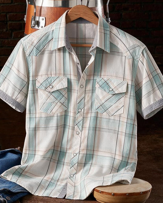 Short Sleeve Athletic Plaid Snap Shirt