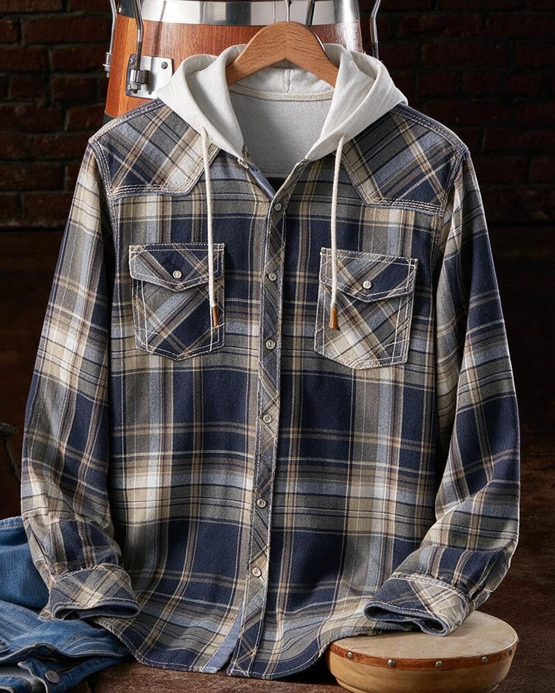 Vintage Plaid Drawstring Hooded Shirt
