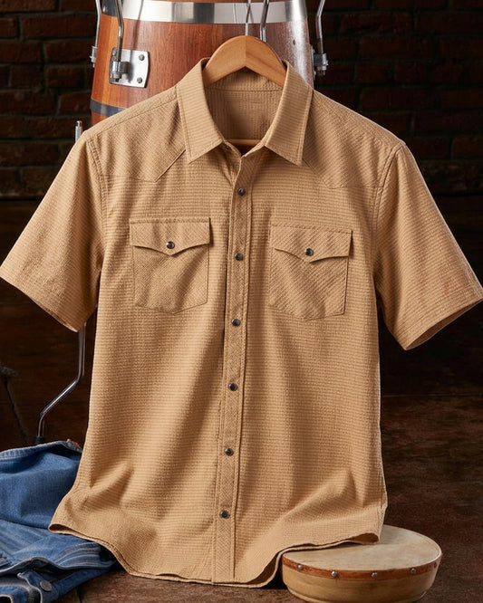 Men's Textured Double Chest Pocket Short Sleeve Western Shirt