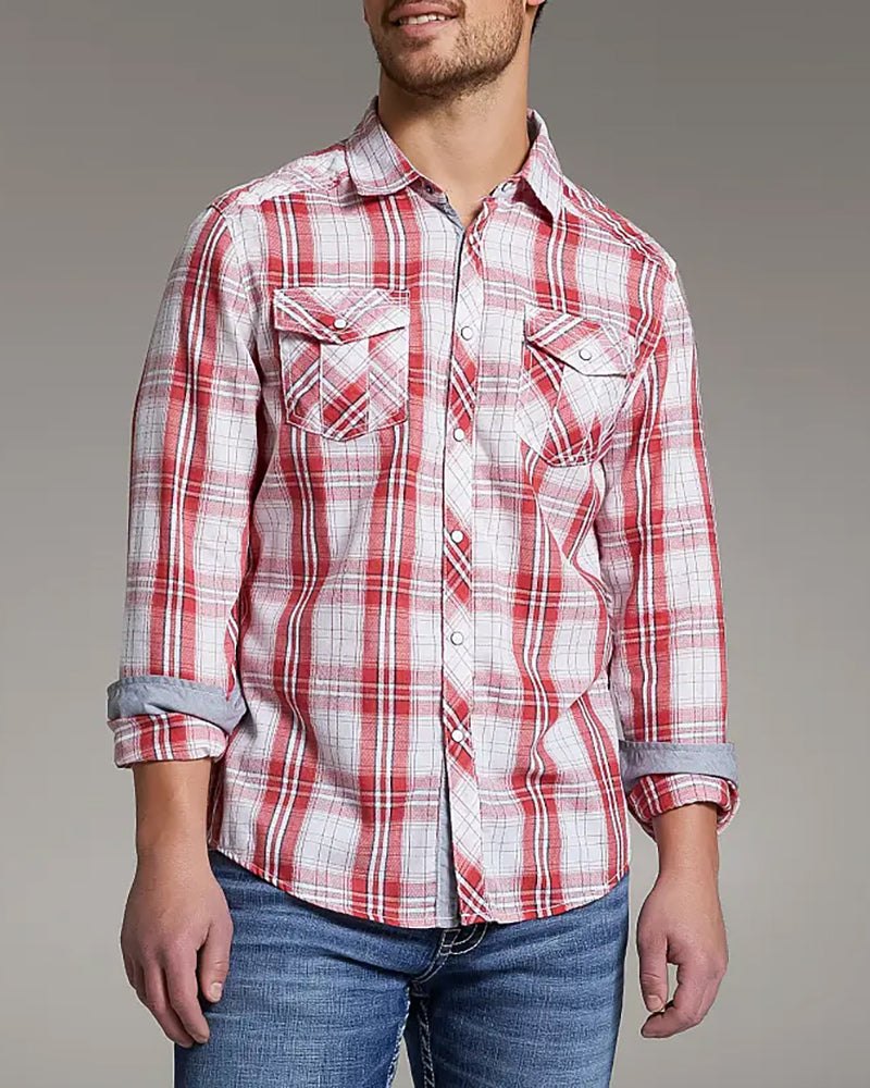 Dual Pocket Contrast Trim Woven Snap Plaid Shirt