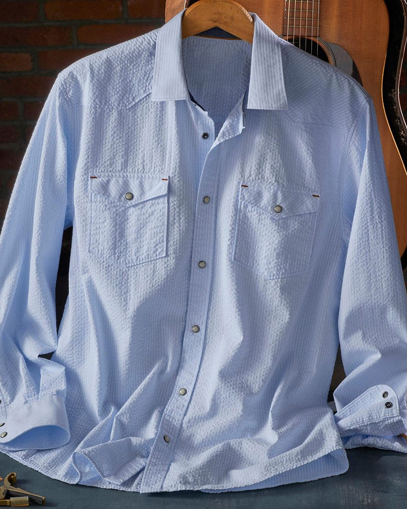 Long Sleeve Snap-Front Seersucker Cotton Shirt
