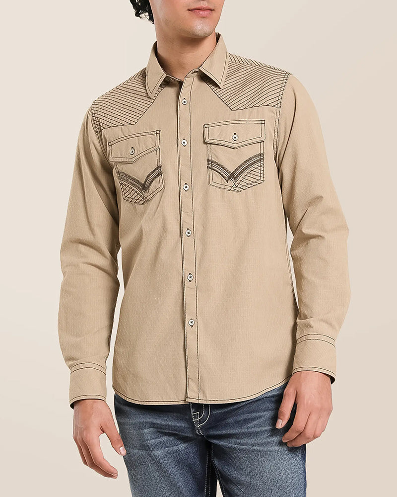 Tan Textured Western Casual Long Sleeve Shirt