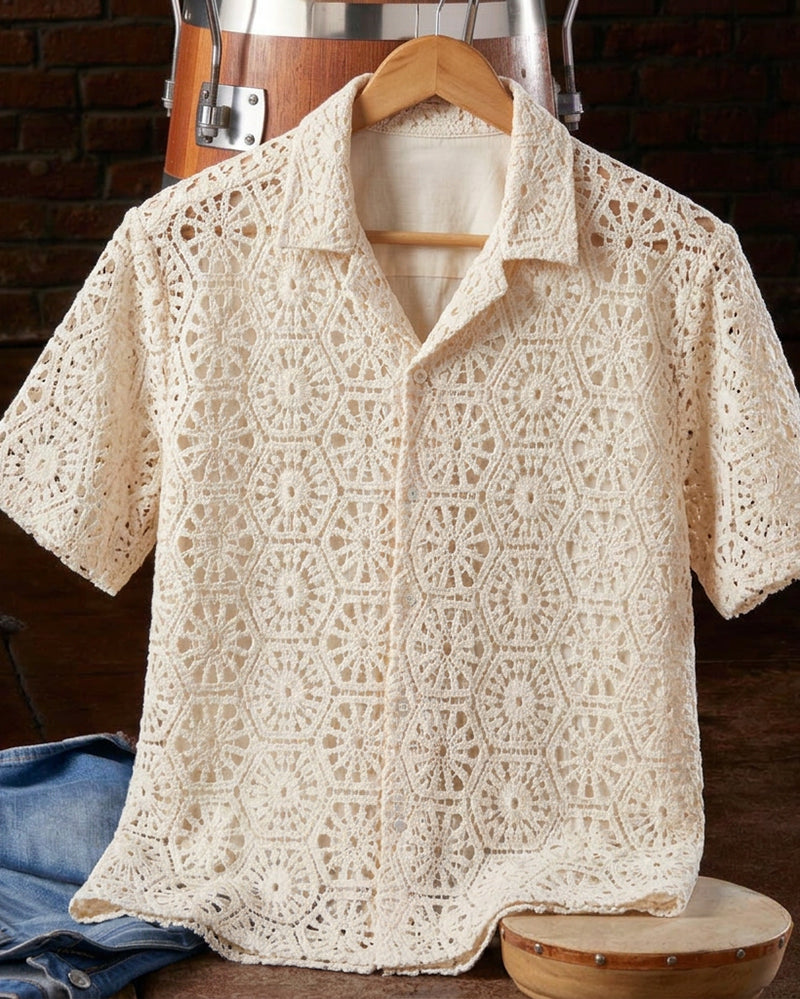 Cream Hollow Geometric Camp Collar Short Sleeve Shirt