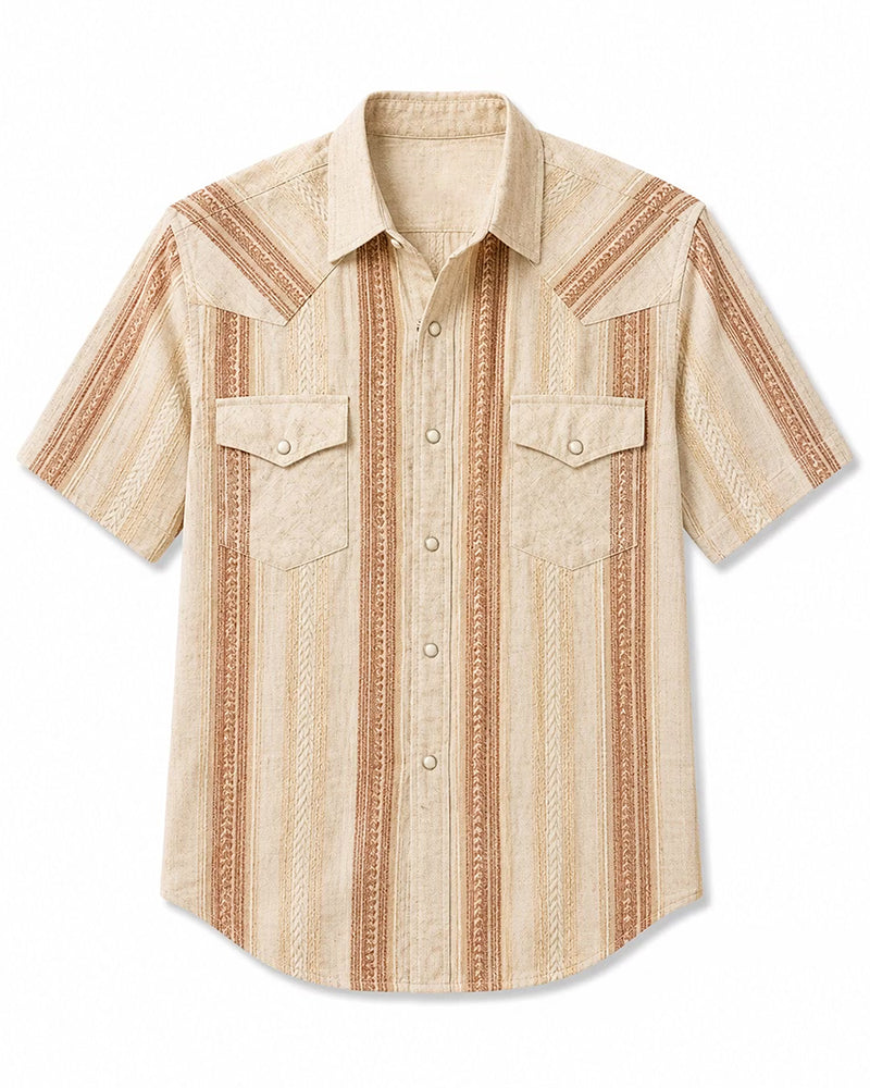 Men's Beige Brown Textured Striped Short Sleeve Western Shirt