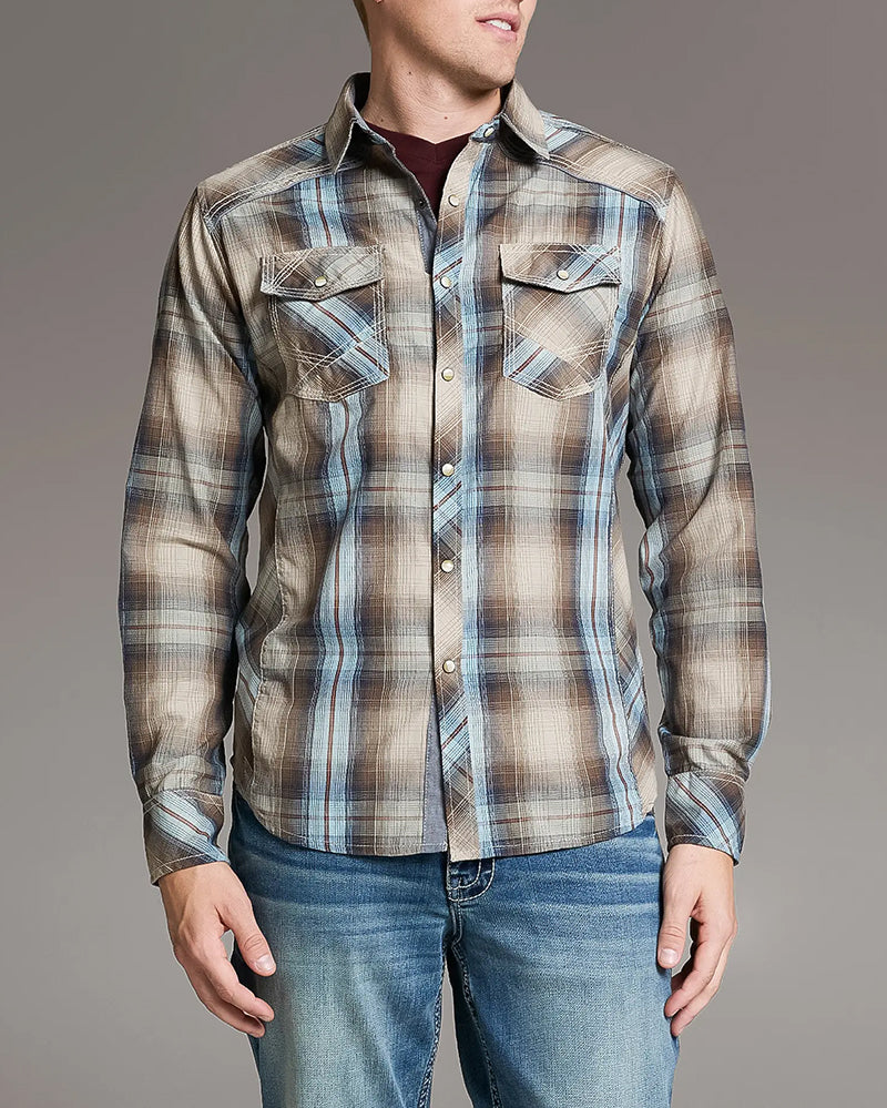 Tan Blue Plaid Contrast Trim Athletic Snap Long Sleeve Shirt