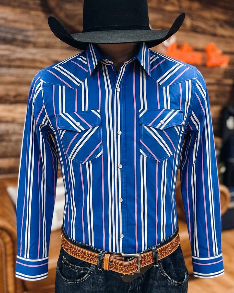 Vertical Striped Long Sleeve Pearl Snap Dual Pocket Western Shirt