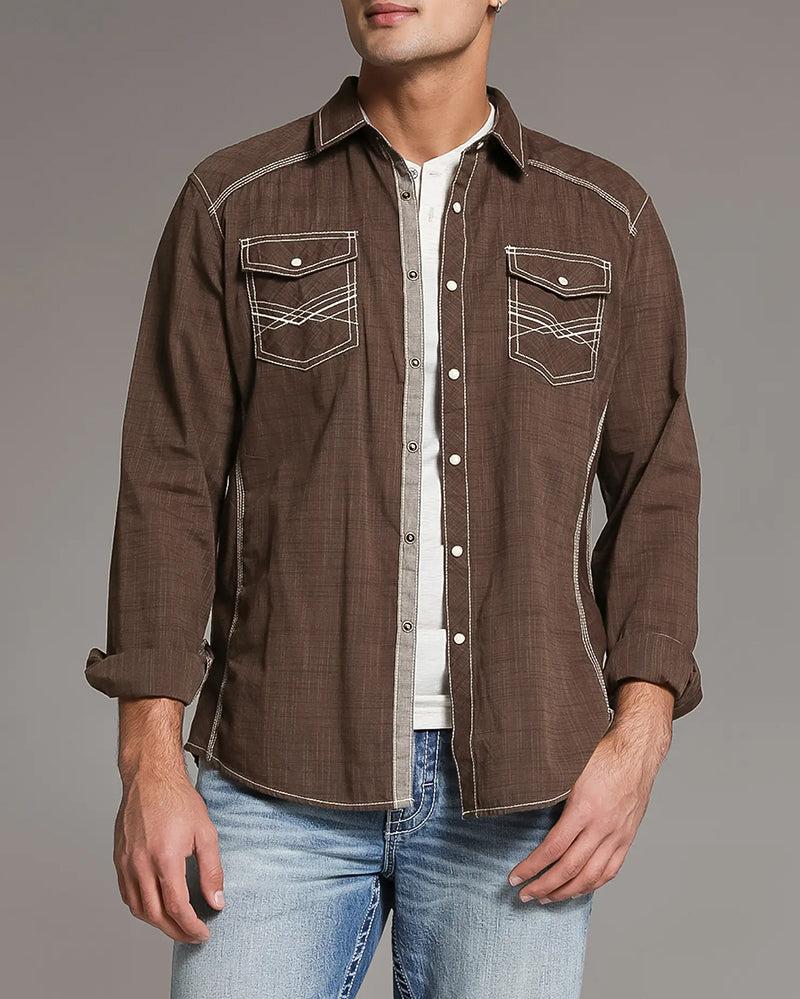 Solid Brown Athletic Western Long Sleeve Shirt