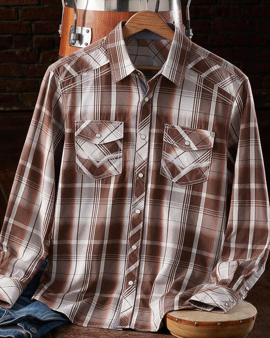 Burgundy White Tailored Fit Western Snap Plaid Shirt