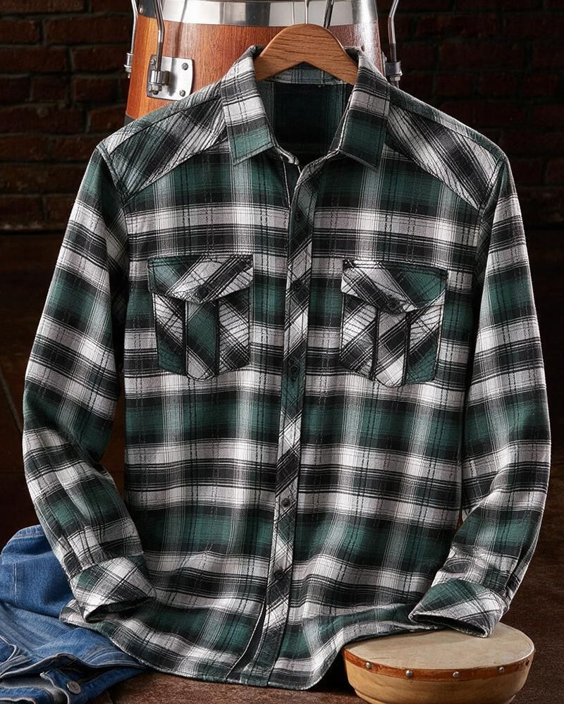 Green Black Contrast Trim Athletic Plaid Shirt