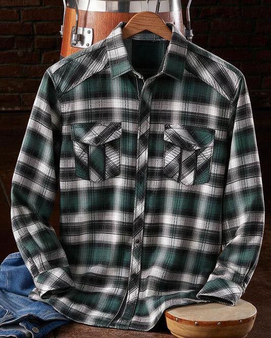 Green Black Contrast Trim Athletic Plaid Shirt