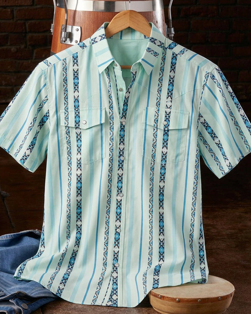 Ethnic Tribal Striped Western Short Sleeve Shirt