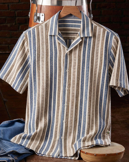 Men's Striped Crochet Camp Collar Shirt