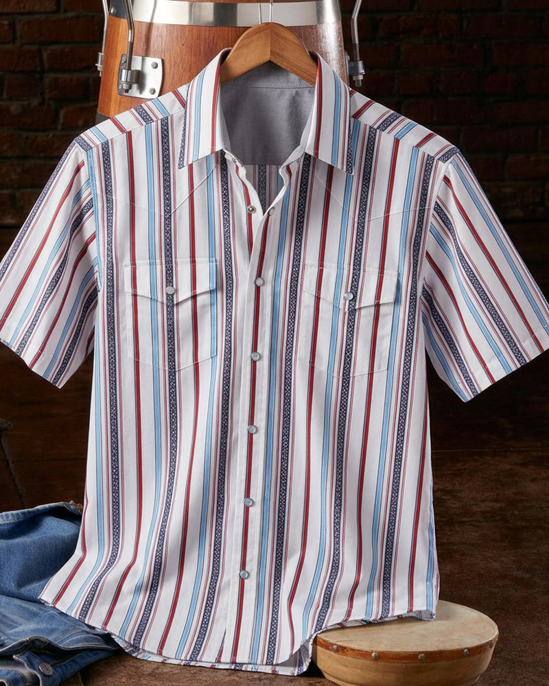 Vertical Stripe Double Chest Pocket Short Sleeve Shirt