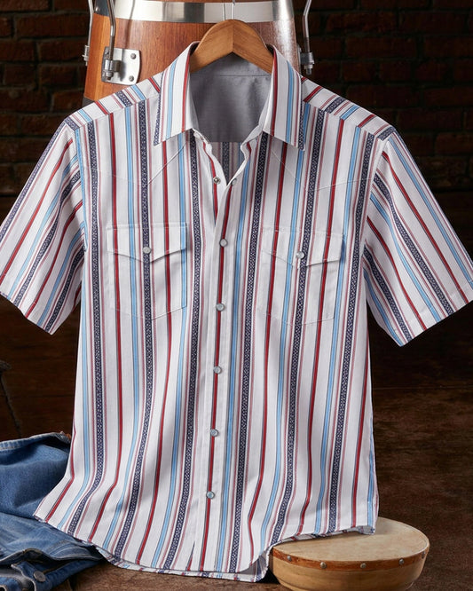 Vertical Stripe Double Chest Pocket Short Sleeve Shirt