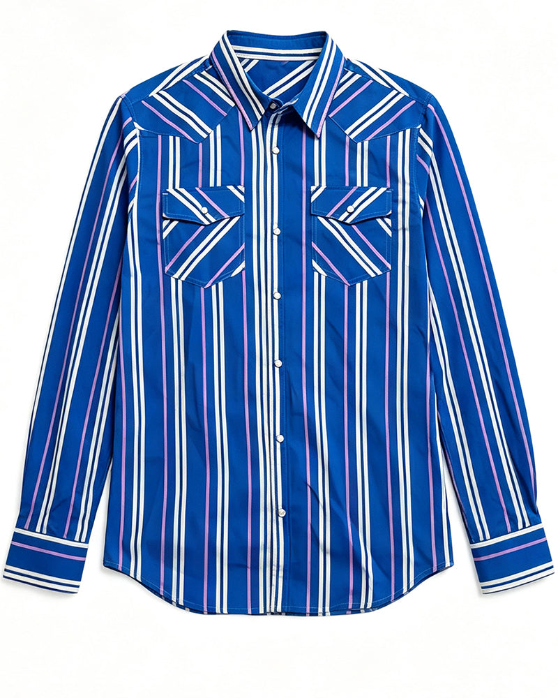Vertical Striped Long Sleeve Pearl Snap Dual Pocket Western Shirt