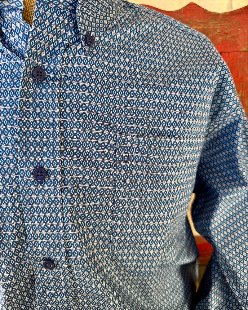 Men's Blue Print Long Sleeve Button-Down Shirt