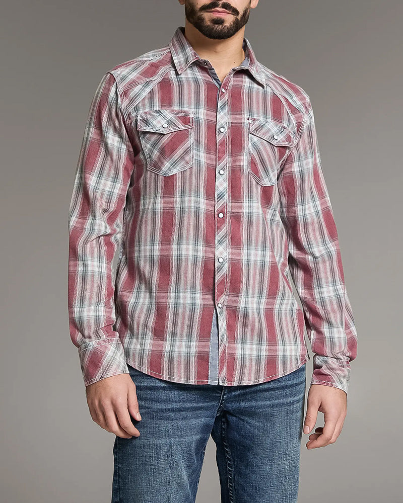 Red Navy White Washed Plaid Athletic Western Shirt