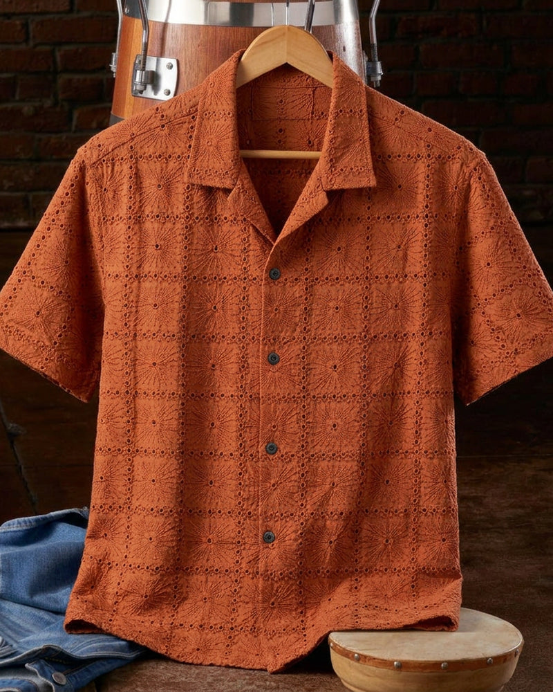 Men's Burnt Orange Eyelet Camp Collar Shirt