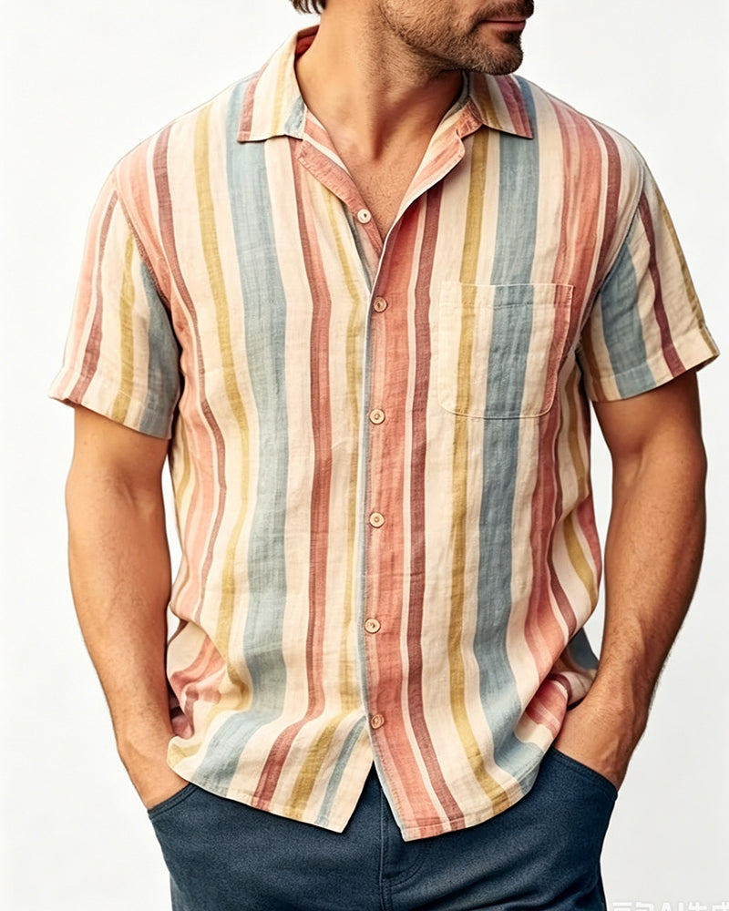 Men's Stripe Camp Collar Short Sleeve Shirt