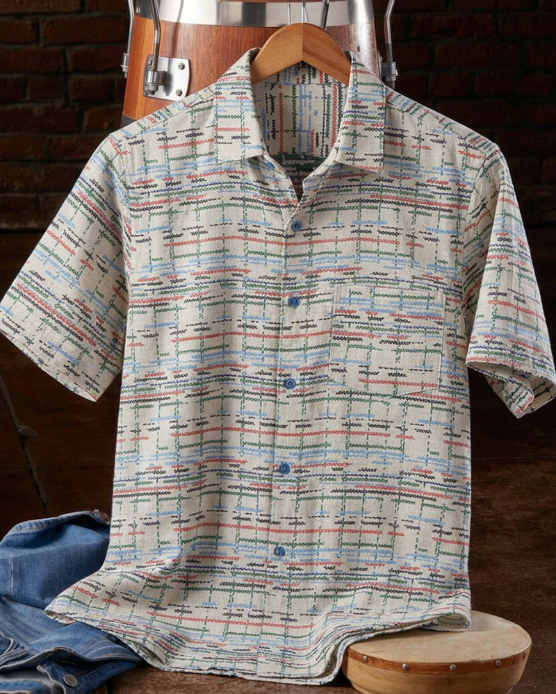 Beige Multi Thin Line Grid Collared Short Sleeve Shirt