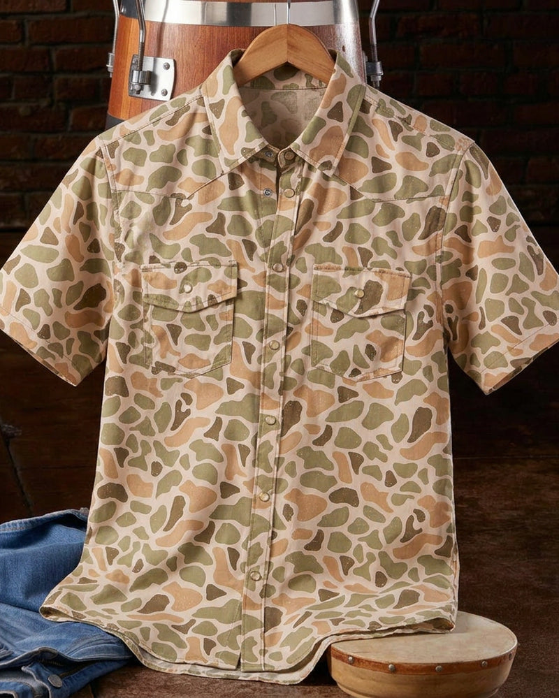 Men's Camo Printed Western Snap Button Short Sleeve Shirt
