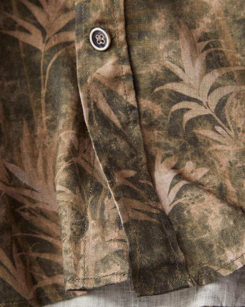 Men's Olive Leaf Print Short Sleeve Button-Up Shirt