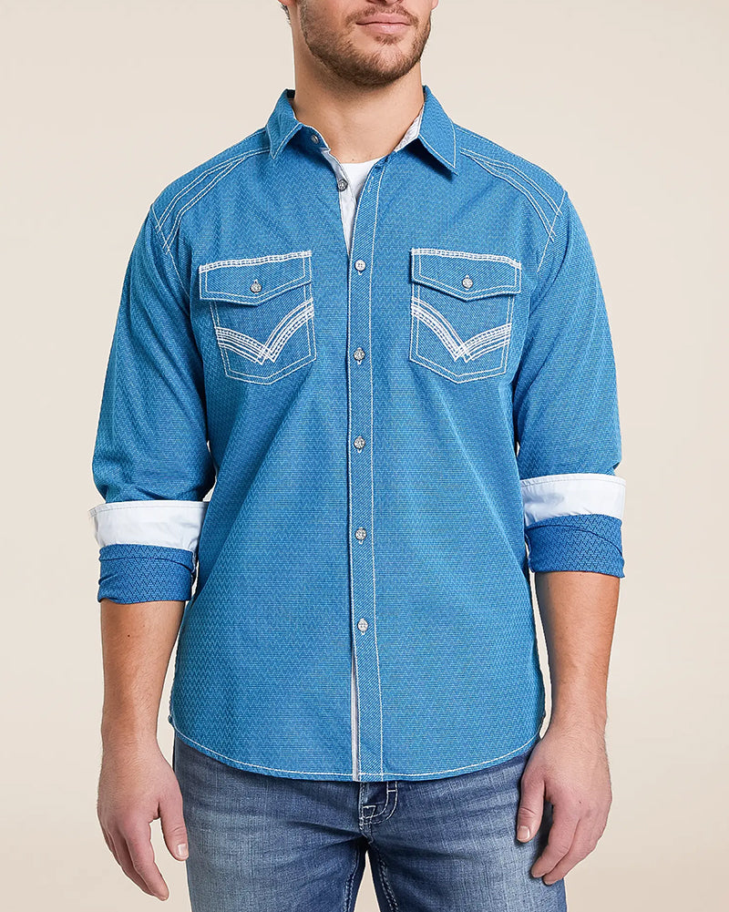 Navy Teal Pocket Athletic Western Shirt