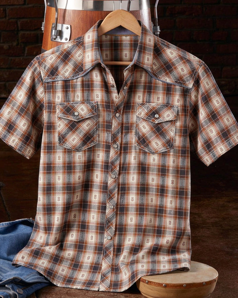 Tan Grey Plaid Snap Front Western Short Sleeve Shirt
