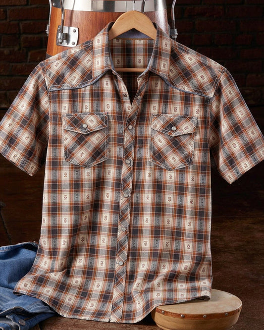 Tan Grey Plaid Snap Front Western Short Sleeve Shirt