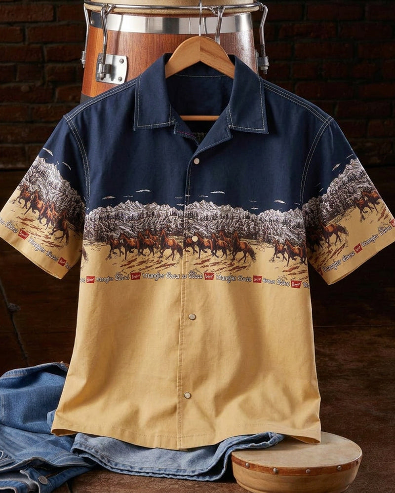 Men's Short Sleeve Horse Scenic Print Western Shirt