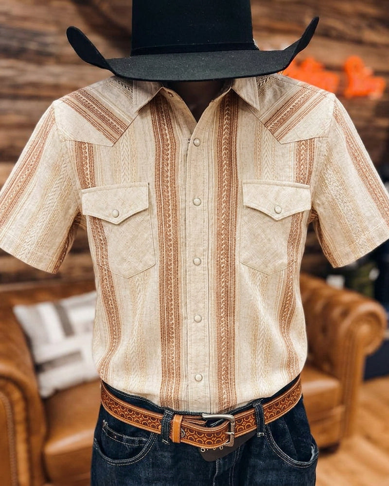 Men's Beige Brown Textured Striped Short Sleeve Western Shirt