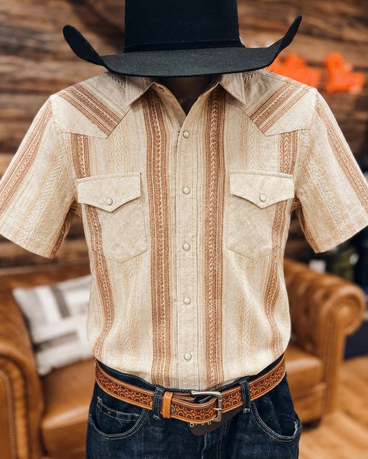Men's Beige Brown Textured Striped Short Sleeve Western Shirt