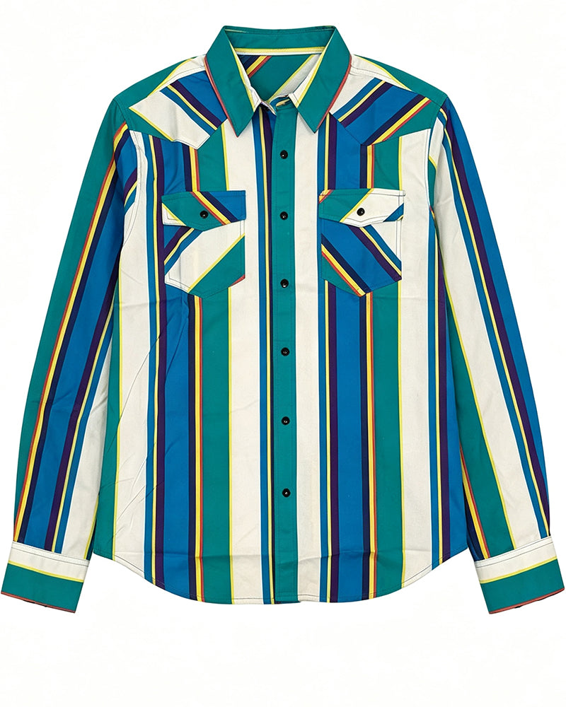 Multi Color Vertical Striped Long Sleeve Pearl Snap Dual Pocket Western Shirt