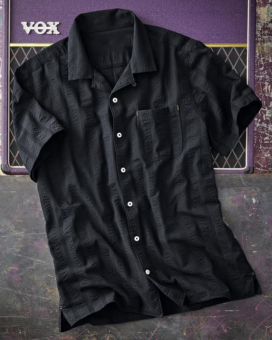 Black Seersucker Camp Collar Shirt