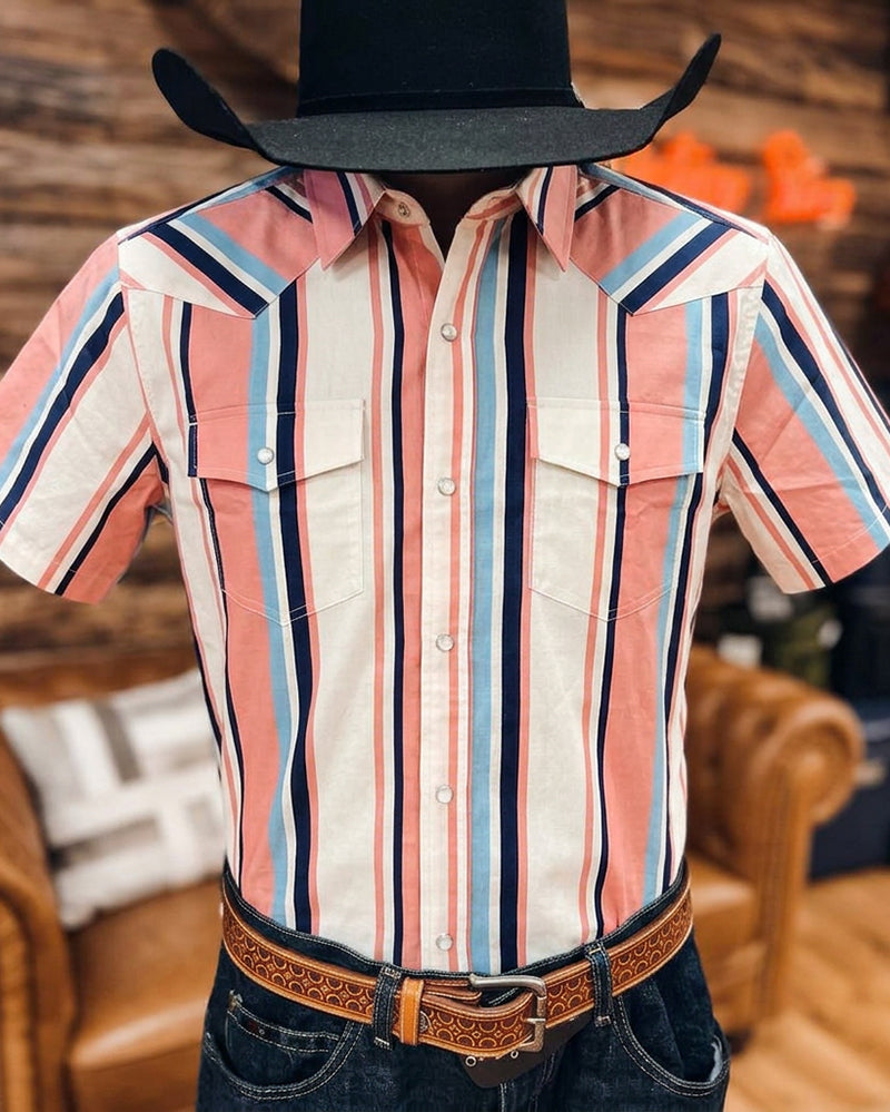 Men's Vertical Stripe Western Short Sleeve Shirt